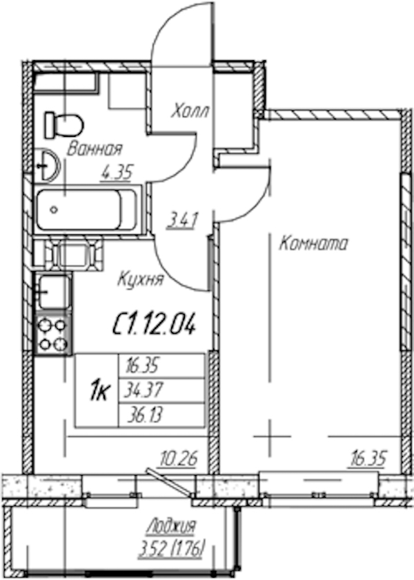 1-комнатная квартира 36.13 м², 12/22 эт., ЖК «Парк-квартал Юнтолово»